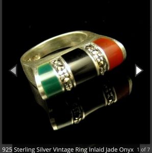 925 Sterling Silver Vintage Ring Inlaid Jade Onyx